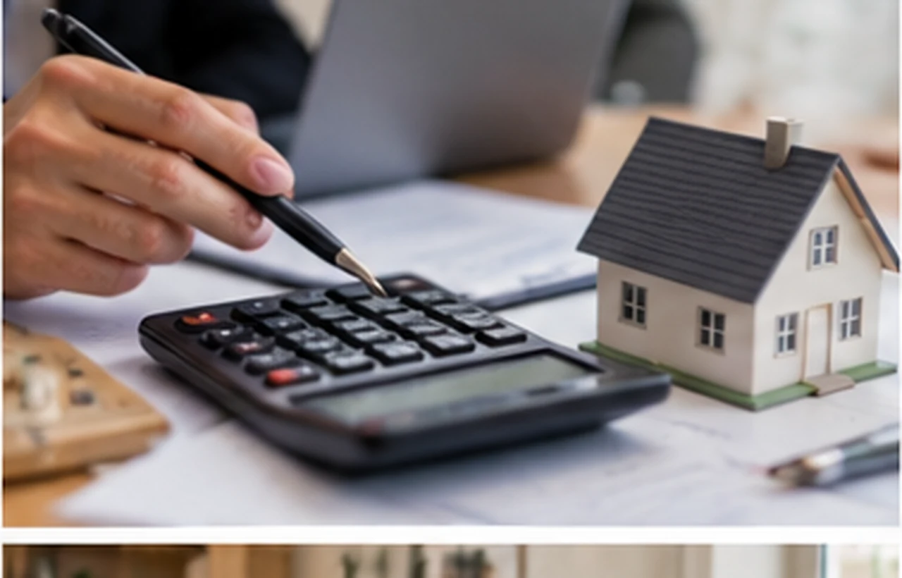 Calculatrice, plan d'appartement et acte de vente en viager sur un bureau