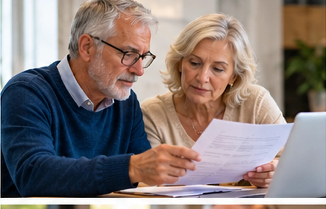 Couple de retraités comparant une estimation de rente Corem sur tablette