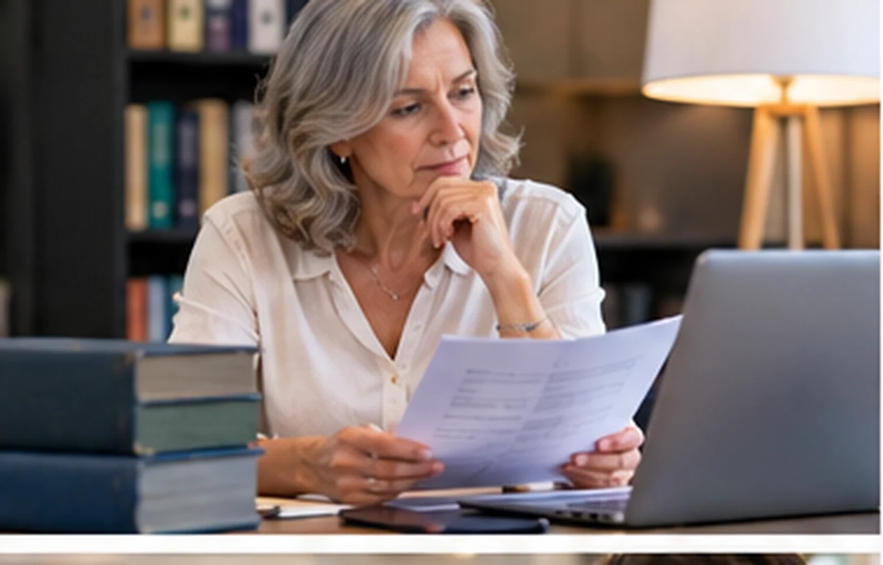 Fonctionnaire retraitée consultant son relevé de points Préfon à son bureau