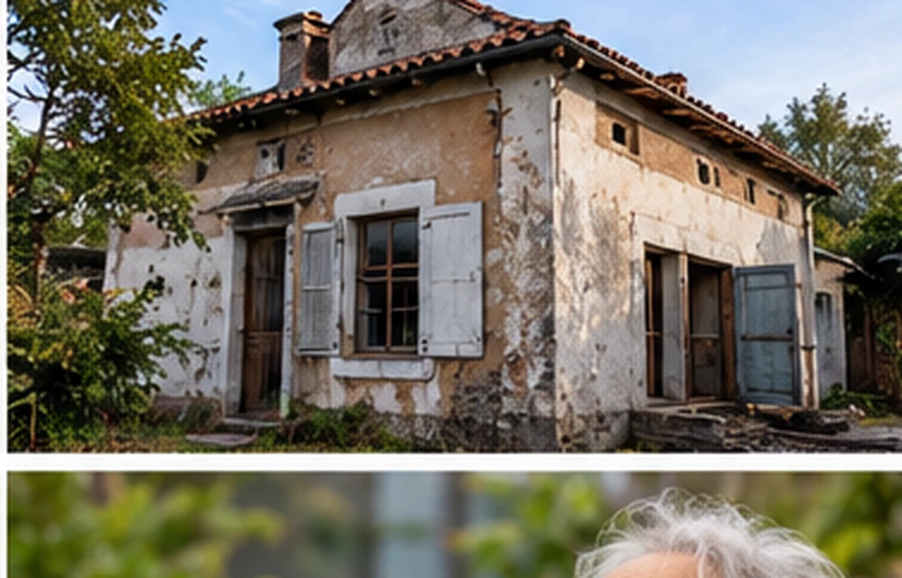 Façade fissurée et volets abîmés d'une maison ancienne avant rénovation